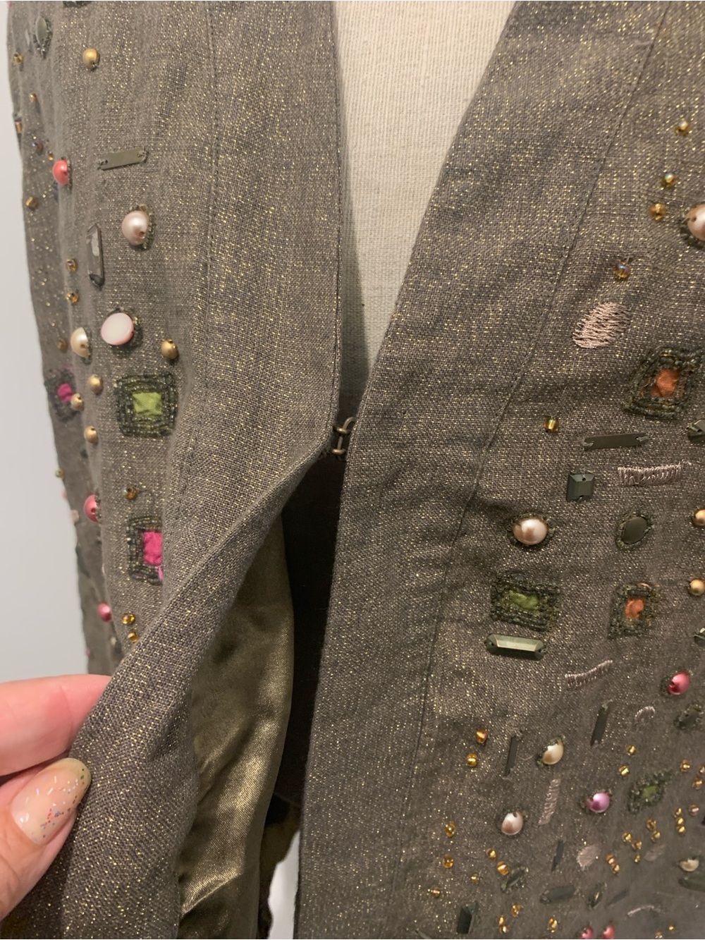 Chico's Olive Brown Knit Jacket with Gold Metallic Thread size 3 - Picture 2 of 6